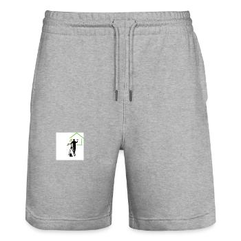 Homme sur escabeau - Short de jogging bio TRAINER Stanley/Stella unisexe - gris chiné - Devant - Nik (191cm) & Marisol (170cm)