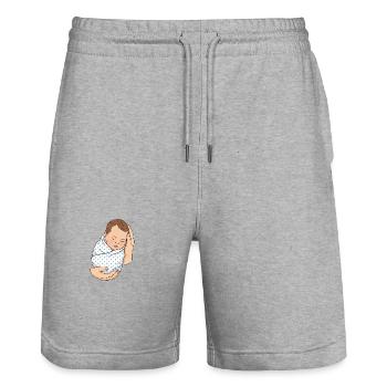 Nouveau-né dans les mains | Amour et protection - Short de jogging bio TRAINER Stanley/Stella unisexe - gris chiné - Devant - Nik (191cm) & Marisol (170cm)