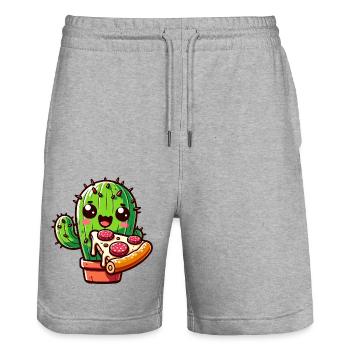 Kawaii Kaktus mit Pizza, Comic-Stil - Stanley/Stella Unisex Bio Joggingshorts Trainer  - Grau meliert - Vorne - Nik (191cm) & Marisol (170cm)