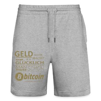 Geld alleine macht nicht Glücklich Bitcoin Sprüche - Stanley/Stella Unisex Bio Joggingshorts Trainer  - Grau meliert - Vorne - Nik (191cm) & Marisol (170cm)
