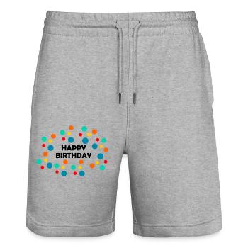 HAPPY BIRTHDAY. HAPPY BIRTHDAY. ANNIVERSARY. - Stanley/Stella Trainer Unisex Organic Jogging Shorts - heather grey - Front - Nik (191cm) & Marisol (170cm)