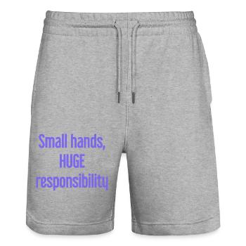 Kleine Hände, riesige Verantwortung Eltern-Spruch - Stanley/Stella Unisex Bio Joggingshorts Trainer  - Grau meliert - Vorne - Nik (191cm) & Marisol (170cm)