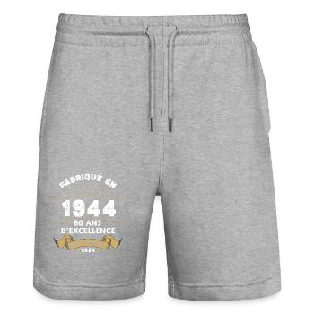 Made in 1944 80 Years of Original Excellence - Stanley/Stella Trainer Unisex Organic Jogging Shorts - heather grey - Front - Nik (191cm) & Marisol (170cm)