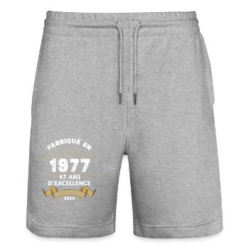 Made in 1977 47 Years of Original Excellence - Stanley/Stella Trainer Unisex Organic Jogging Shorts - heather grey - Front - Nik (191cm) & Marisol (170cm)