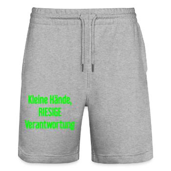 Kleine Hände, riesige Verantwortung Eltern-Spruch - Stanley/Stella Unisex Bio Joggingshorts Trainer  - Grau meliert - Vorne - Nik (191cm) & Marisol (170cm)