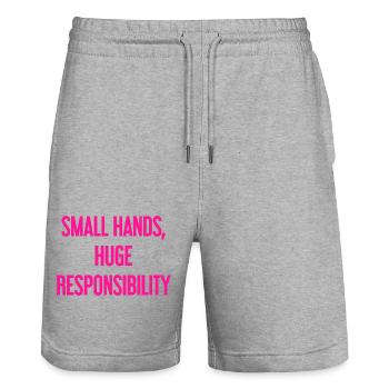 Small Hands, Huge Responsibility Parent Saying - Stanley/Stella Trainer Unisex Organic Jogging Shorts - heather grey - Front - Nik (191cm) & Marisol (170cm)