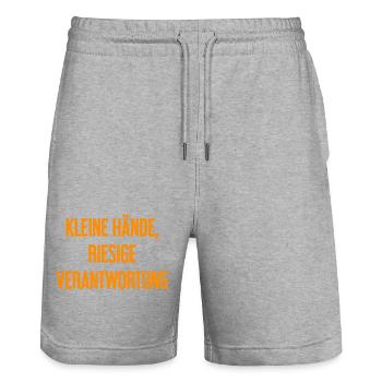 Small Hands, Huge Responsibility Parent Saying - Stanley/Stella Trainer Unisex Organic Jogging Shorts - heather grey - Front - Nik (191cm) & Marisol (170cm)