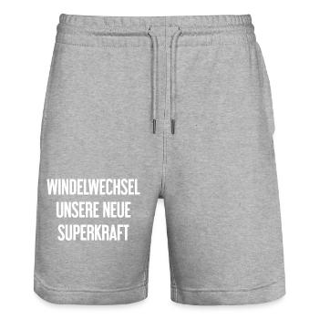 Diaper change – our new superpower - Stanley/Stella Trainer Unisex Organic Jogging Shorts - heather grey - Front - Nik (191cm) & Marisol (170cm)