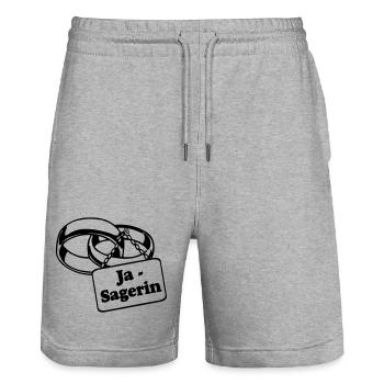 Junggesellenabschied , JGA Braut Ja Sagerin (25) - Stanley/Stella Unisex Bio Joggingshorts Trainer  - Grau meliert - Vorne - Nik (191cm) & Marisol (170cm)