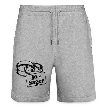 Junggesellenabschied, JGA Bräutigam - Ja Sager(25) - Stanley/Stella Unisex Bio Joggingshorts Trainer  - Grau meliert - Vorne - Nik (191cm) & Marisol (170cm)