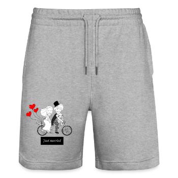 Humorous Wedding Caricature on Bicycle - Stanley/Stella Trainer Unisex Organic Jogging Shorts - heather grey - Front - Nik (191cm) & Marisol (170cm)