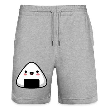 Onigiri souriant kawaii, nourriture mignonne - Short de jogging bio TRAINER Stanley/Stella unisexe - gris chiné - Devant - Nik (191cm) & Marisol (170cm)