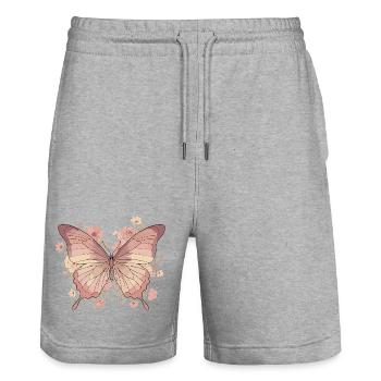 Pink Butterfly with Flowers - Stanley/Stella Trainer Unisex Organic Jogging Shorts - heather grey - Front - Nik (191cm) & Marisol (170cm)
