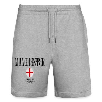 Manchester Souvenir, elegant Manchester design - Stanley/Stella Trainer Unisex Organic Jogging Shorts - heather grey - Front - Nik (191cm) & Marisol (170cm)