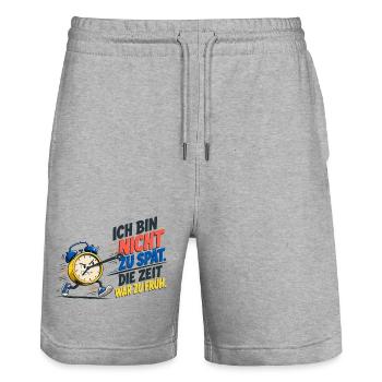 Lustiger Spruch – Morgenmuffel - Stanley/Stella Unisex Bio Joggingshorts Trainer  - Grau meliert - Vorne - Nik (191cm) & Marisol (170cm)