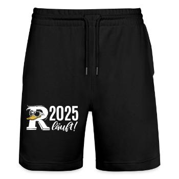 Rente Ente Cartoon 2025 läuft! - Stanley/Stella Unisex Bio Joggingshorts Trainer  - Schwarz - Vorne - Nik (191cm) & Marisol (170cm)