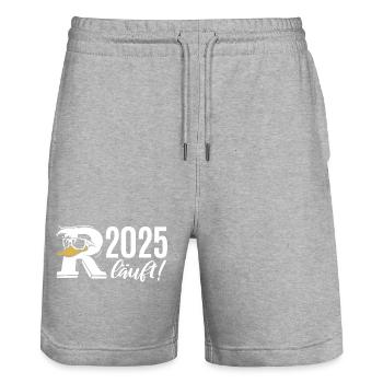 Rente Ente Cartoon 2025 läuft! - Stanley/Stella Unisex Bio Joggingshorts Trainer  - Grau meliert - Vorne - Nik (191cm) & Marisol (170cm)