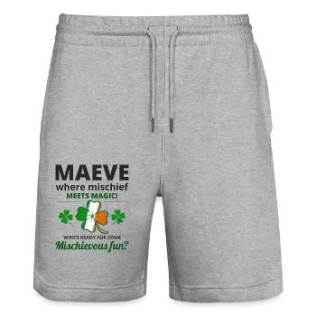 Nom de fille irlandaise drôle : Maeve Mischief rencontre la magie - Short de jogging bio TRAINER Stanley/Stella unisexe - gris chiné - Devant - Nik (191cm) & Marisol (170cm)