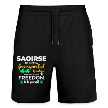 Lustiger irischer Mädchenname: Saoirse - - Stanley/Stella Unisex Bio Joggingshorts Trainer  - Schwarz - Vorne - Nik (191cm) & Marisol (170cm)