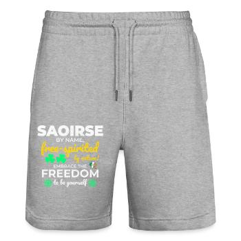 Funny Irish Girl Name: Saoirse - Free-Spirited - Stanley/Stella Trainer Unisex Organic Jogging Shorts - heather grey - Front - Nik (191cm) & Marisol (170cm)