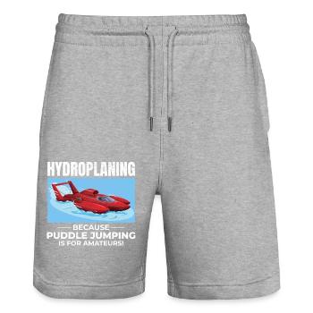 Hydroplane, Bateau, Course, Humour, Puddle Jump, Drôle - Short de jogging bio TRAINER Stanley/Stella unisexe - gris chiné - Devant - Nik (191cm) & Marisol (170cm)