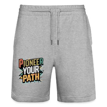 Pioneer Your Path - Stanley/Stella Trainer Unisex Organic Jogging Shorts - heather grey - Front - Nik (191cm) & Marisol (170cm)