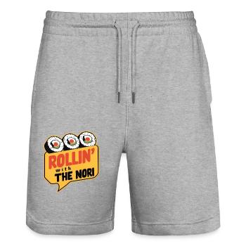 Speech Bubble Sushi - Stanley/Stella Trainer Unisex Organic Jogging Shorts - heather grey - Front - Nik (191cm) & Marisol (170cm)
