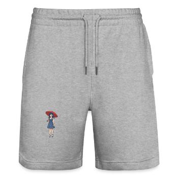 A young woman with an umbrella - Stanley/Stella Trainer Unisex Organic Jogging Shorts - heather grey - Front - Nik (191cm) & Marisol (170cm)