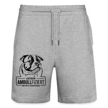 AMBULLFIZIERT American Bulldog Hunde Wilsigns - Stanley/Stella Unisex Bio Joggingshorts Trainer  - Grau meliert - Vorne - Nik (191cm) & Marisol (170cm)