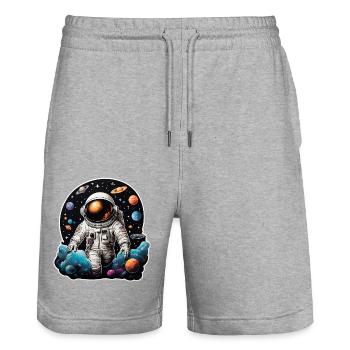 Astronaut on the road in space with planets - Stanley/Stella Trainer Unisex Organic Jogging Shorts - heather grey - Front - Nik (191cm) & Marisol (170cm)