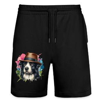 Border Collie peinture Splash Art - Short de jogging bio TRAINER Stanley/Stella unisexe - noir - Devant - Nik (191cm) & Marisol (170cm)
