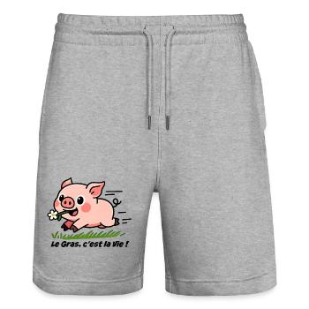 Le Gras, c'est la Vie ! cochon dans le pré - Short de jogging bio TRAINER Stanley/Stella unisexe - gris chiné - Devant - Nik (191cm) & Marisol (170cm)