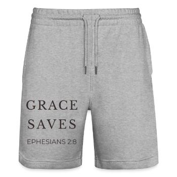 ARRÊTS GRACE | Éphésiens 2 verset 8 | Christian - Short de jogging bio TRAINER Stanley/Stella unisexe - gris chiné - Devant - Nik (191cm) & Marisol (170cm)