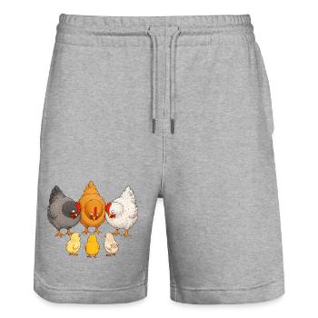 Poules avec poussins - Short de jogging bio TRAINER Stanley/Stella unisexe - gris chiné - Devant - Nik (191cm) & Marisol (170cm)