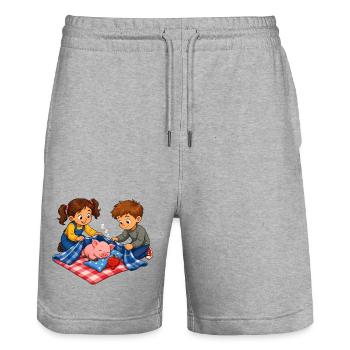 Pig nap with children cuddle motif - Stanley/Stella Trainer Unisex Organic Jogging Shorts - heather grey - Front - Nik (191cm) & Marisol (170cm)