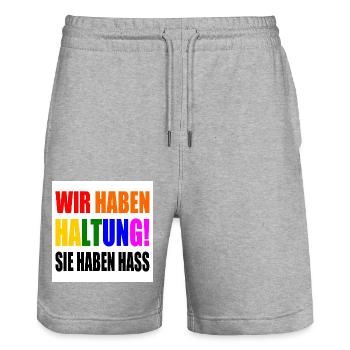 wir haben haltung sie haben hass - Stanley/Stella Unisex Bio Joggingshorts Trainer  - Grau meliert - Vorne - Nik (191cm) & Marisol (170cm)