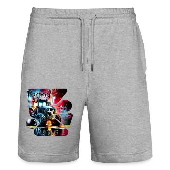 Tractor furious and farmer farmer - Stanley/Stella Trainer Unisex Organic Jogging Shorts - heather grey - Front - Nik (191cm) & Marisol (170cm)