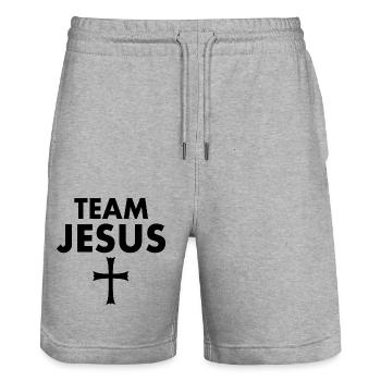 Team jesus - Stanley/Stella Trainer Unisex Organic Jogging Shorts - heather grey - Front - Nik (191cm) & Marisol (170cm)