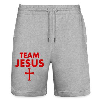 Team jesus cross - Stanley/Stella Trainer Unisex Organic Jogging Shorts - heather grey - Front - Nik (191cm) & Marisol (170cm)