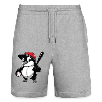 Dessin animé de joueur de baseball pingouin - Short de jogging bio TRAINER Stanley/Stella unisexe - gris chiné - Devant - Nik (191cm) & Marisol (170cm)