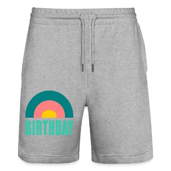 HAPPY BIRTHDAY. HAPPY BIRTHDAY. ANNIVERSARY. - Stanley/Stella Trainer Unisex Organic Jogging Shorts - heather grey - Front - Nik (191cm) & Marisol (170cm)