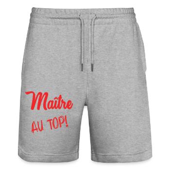 MAÎTRE. MAITRE. MERCI. MERCI MAÎTRE - Short de jogging bio TRAINER Stanley/Stella unisexe - gris chiné - Devant - Nik (191cm) & Marisol (170cm)