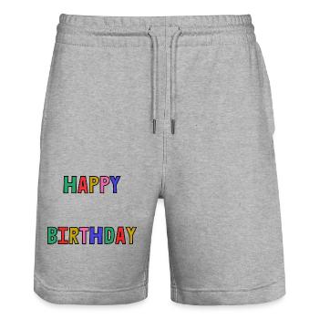 HAPPY BIRTHDAY. HAPPY BIRTHDAY. ANNIVERSARY. - Stanley/Stella Trainer Unisex Organic Jogging Shorts - heather grey - Front - Nik (191cm) & Marisol (170cm)
