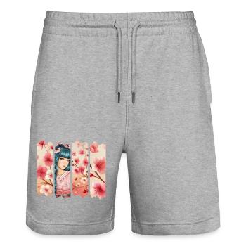 Kirschblüten Kimono Panel Portrait - Stanley/Stella Unisex Bio Joggingshorts Trainer  - Grau meliert - Vorne - Nik (191cm) & Marisol (170cm)