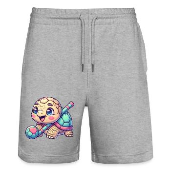 Tortue mignonne avec bâton de hockey et balle - Short de jogging bio TRAINER Stanley/Stella unisexe - gris chiné - Devant - Nik (191cm) & Marisol (170cm)