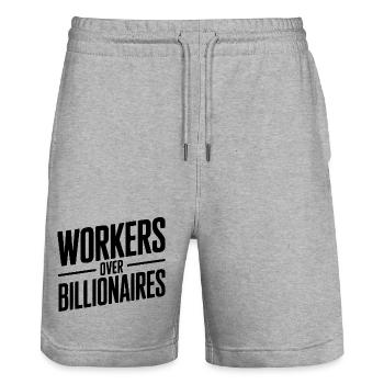 Workers Over Billionaires - Stanley/Stella Trainer Unisex Organic Jogging Shorts - heather grey - Front - Nik (191cm) & Marisol (170cm)