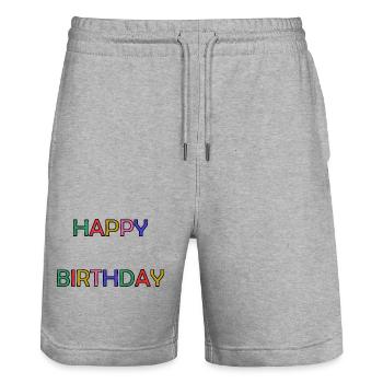 HAPPY BIRTHDAY. ANNIVERSARY. HAPPY BIRTHDAY - Stanley/Stella Trainer Unisex Organic Jogging Shorts - heather grey - Front - Nik (191cm) & Marisol (170cm)