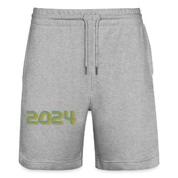 2024. HAPPY NEW YEAR. NEW YEAR'S EVE. NEW YEAR - Stanley/Stella Trainer Unisex Organic Jogging Shorts - heather grey - Front - Nik (191cm) & Marisol (170cm)