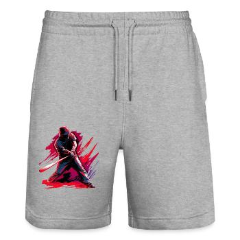 Baseballspieler in roter Pop-Art - Stanley/Stella Unisex Bio Joggingshorts Trainer  - Grau meliert - Vorne - Nik (191cm) & Marisol (170cm)
