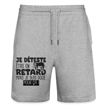 je deteste etre en retard mais doué pour ça - Short de jogging bio TRAINER Stanley/Stella unisexe - gris chiné - Devant - Nik (191cm) & Marisol (170cm)
